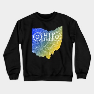 Colorful mandala art map of Ohio with text in blue and yellow Crewneck Sweatshirt